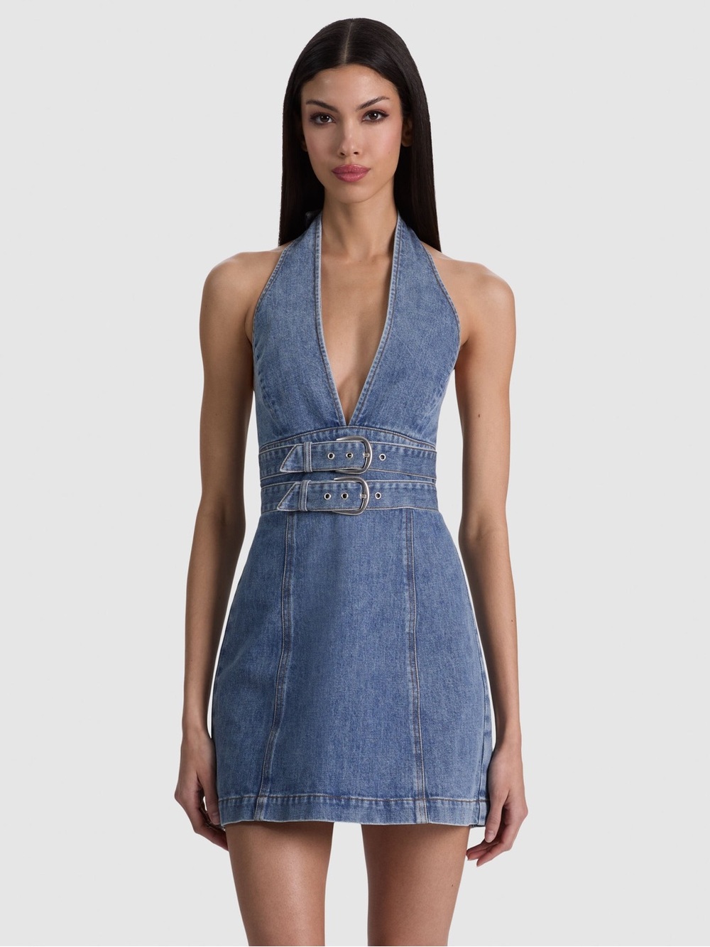 New Alice + Olivia SOLANA BUCKLE DENIM HALTER MINI DRESS - Picture 4 of 14